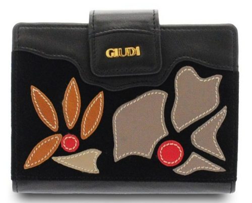 Giudi átfogópántos női fekete színű virág mintás bőr pénztárca